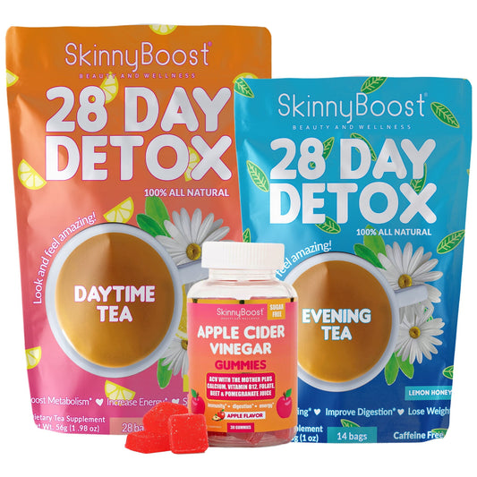 Unlock your healthiest self with our Detox Power Kit: energizing Daytime Tea, calming Evening Tea, and sugar-free vegan ACV gummies that turbocharge metabolism, flush out toxins, and banish bloating. Feel lighter, more energized, and totally renewed.